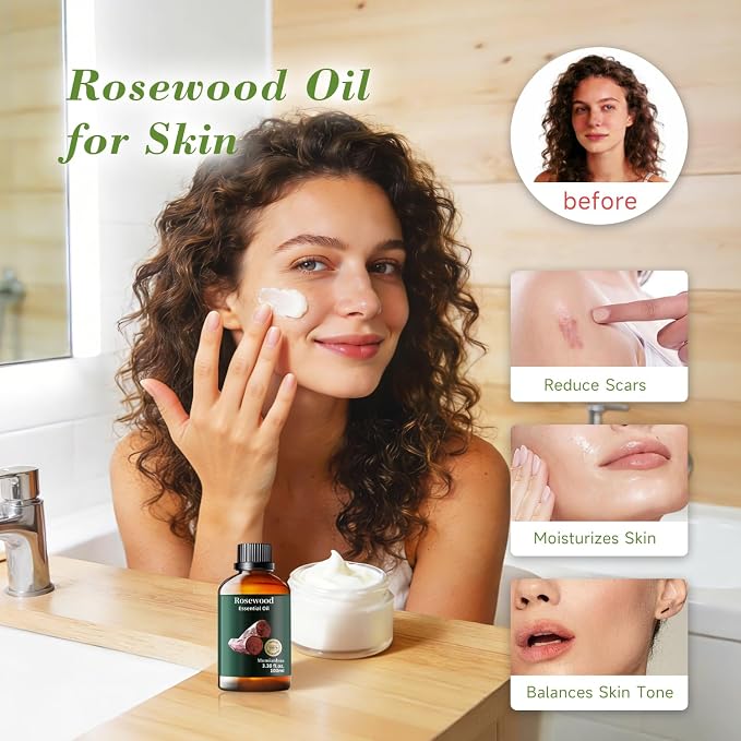 Rosewood Essential Oil, Woody Scent, Diffuser, Skin & Hair, 3.38 Fl Oz | Mumianhua Rosewood Oil,Soft, Woody Aroma. For Outdoor Spray, Skin, Hair, Massage & Candle Making