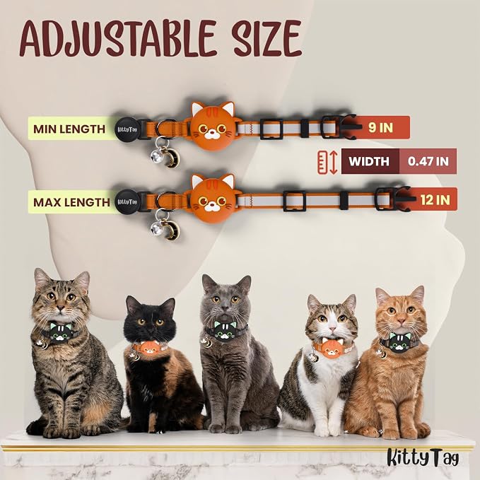 AirTag Cat Collar – Breakaway Reflective & Waterproof Collar with Built-in Holder, Adjustable with Bell for Indoor/Outdoor Cats – AirTag Not Included (Orange)