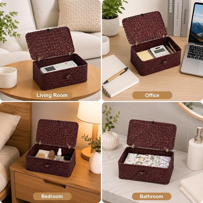 Seagrass Wicker Storage Basket with Lid, Small, Red | 9.05 x 5.11 x 3.34 Inch Box, Shelf Organizer, Rectangular Woven Bin, Small Item Storage, Decorative Color