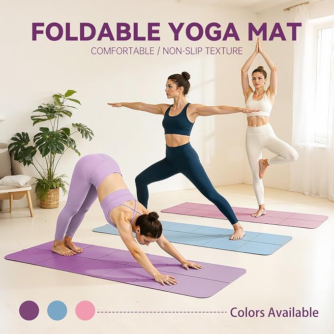 Foldable Yoga Mat Thick Non-Slip Exercise Mat - Packable Travel Fitness Mat with Carrying Bag for Yoga, Pilates, Workout, Home & Gym
