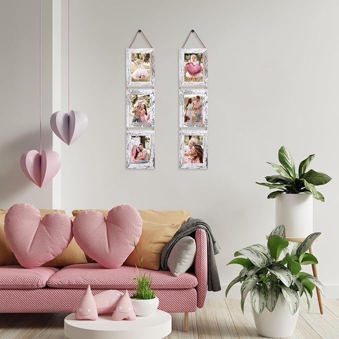 QUTREY Collage Picture Frames 4x6, 6 Openings Hanging Photo Frame Set for Vertical 4 by 6 inch Pictures for Wall, Distressed White, 2 Pack