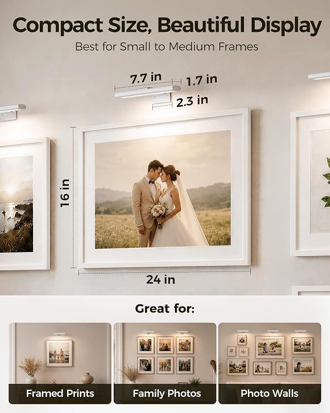 EZVALO Picture Light for Wall, Rechargeable 2400mAh Lights Wireless with IR Remote, 3 Color & Dimmable Magnetic 7.87'' LED Lights Display for Painting, Living Room, Gallery, Bedroom Art(White-2P)