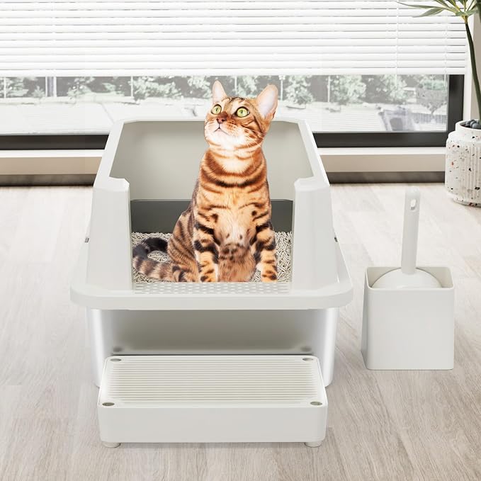 RIZZARI Stainless Litter Box Semi-Closed: Odorless, Large, Easy Clean | High Splash Guard / Non-Stick Steel Pan / 20L Capacity / Raised Step / Fits Any Room / Multi-Cat Use