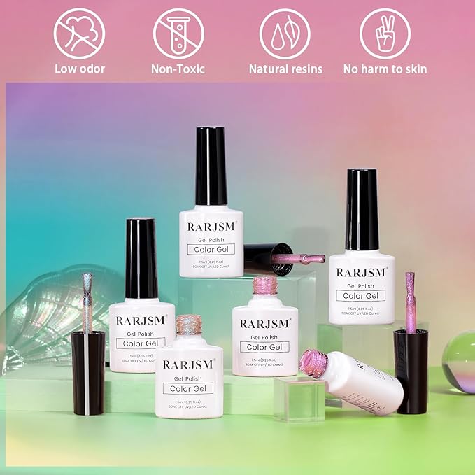 RARJSM Nude Pink Holographic Rainbow Glitter Cat Eye Gel Nail Polish Set 6Pcs Blue Rose Pink Purple Green Orange Galaxy Aurora Cateye Glitter with Magnetic Stick UV LED Curing Require Home Salon