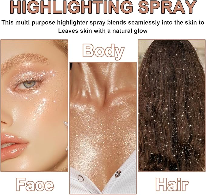 Hair and Body Glitter Spray, Shimmering Powder Sparkle Powder Makeup, Glitter Loose Sparkle Makeup for Body Highlighter,Festival Prom Rave Accessories (Champagne)
