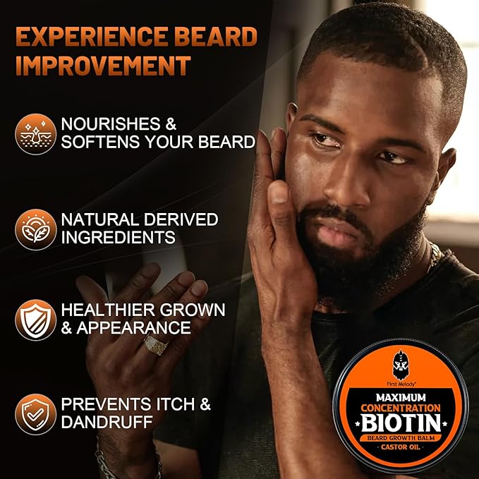 Beard Balm, 2X Concentration Biotin, with Castor Oil and Argan & Jojoba Oils, Promotes Beard Growth, Styles, Strengthens & Softens Beards & Mustaches, 2 Ounce