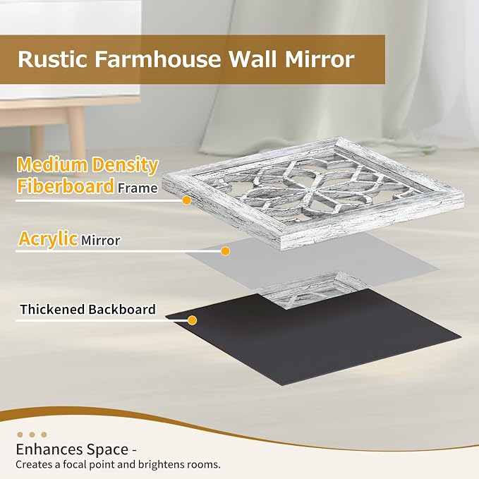 Set of 4 Boho Wall Mirrors with Carved Floral Design, 12x12 Inch Rustic Farmhouse Accent Mirrors, Vintage Style Shatterproof Square Mirror Decor for Living Room, Bedroom(Grey)