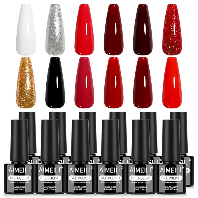 AIMEILI Christmas Gel Nail Polish Set 12pcs, Hema Free, Cruelty Free, Vegan, Soak Off U V LED Red White Glitter Polish Nail Art Manicure - Kit 43