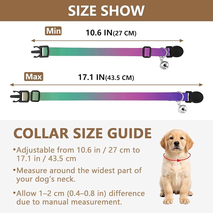 2 Pack Cats Collar Retro Rainbow Gradient Kitten Bell Collar, Adjustable Length 10.6" to 17.1"