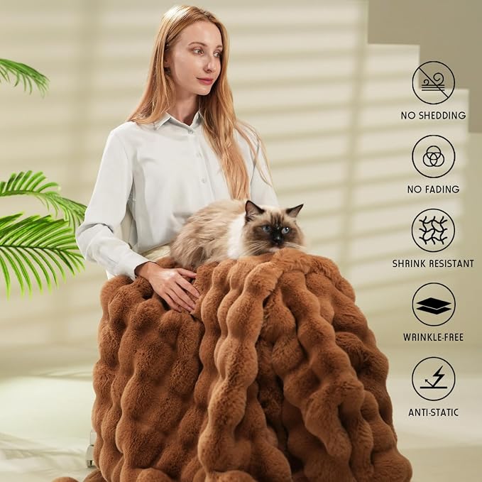 Super Comfort Oversized Warm Thick Bubble Luxury Plush Rabbit Faux Fur Throw Blanket, Fluffy Blanket,Soft Cozy Blanket for Couch Chair Bed Sofa Living Room (Brown, 60inX80in)
