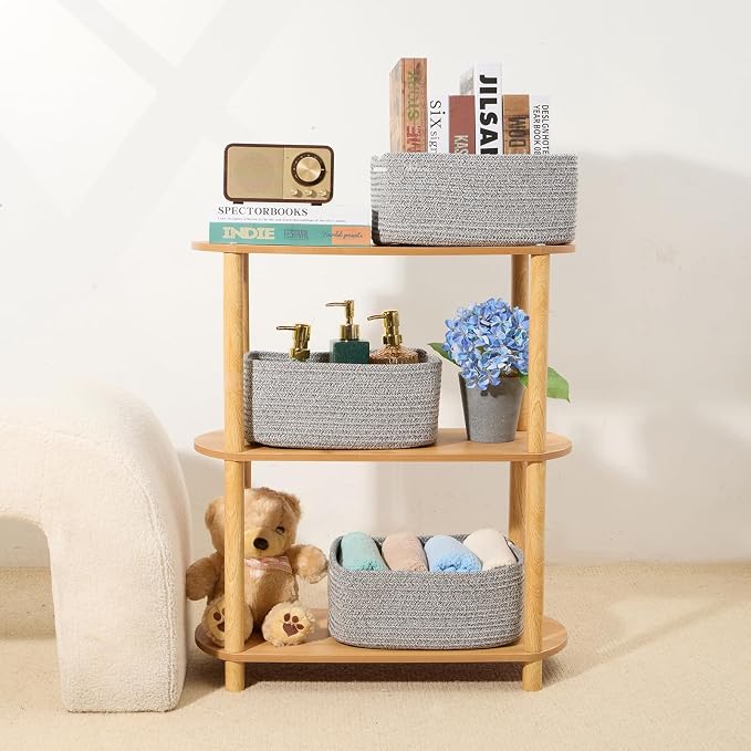 MiniArk Small Storage Baskets for Organizing | Closet Organizer Bins | Shelf Toy Basket | Woven Rope Baskets | Cube Decorative Box | Shallow Basket | 13x8.5x5.1” | 4 Packs Mixed Grey