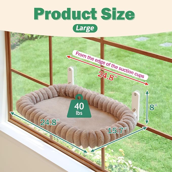 Zakkart SnugCloud Foldable Cat Window Perch - Cordless, Ultra Soft Machine Washable Bed with 4-Sided Bolster, Metal Frame - Window Hammock for Large Cats and Kittens (Brown, Large)