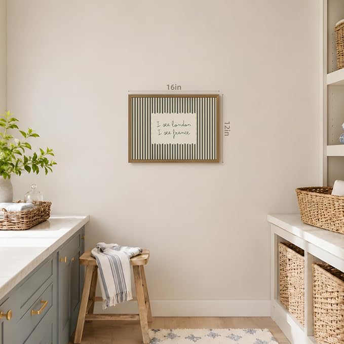 VziizV Vintage Postcard Wall Art, I See London I See France Quote Canvas Print, Minimalist Striped Typography Wall Decor, Cottagecore Farmhouse Poster Print for Bedroom Wood Framed 16x24 Inch