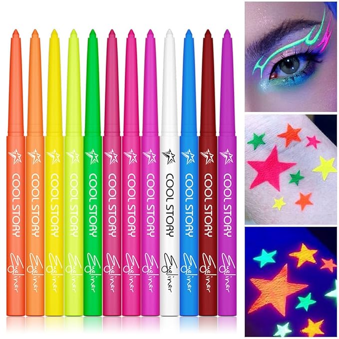 COOL STORY Neon Eyeliner Pencils Set Waterproof Smudge-proof 12 Color Women Makeup Gel Delineador UV Rave Face Body Painting Rainbow Pen Glow in the Dark