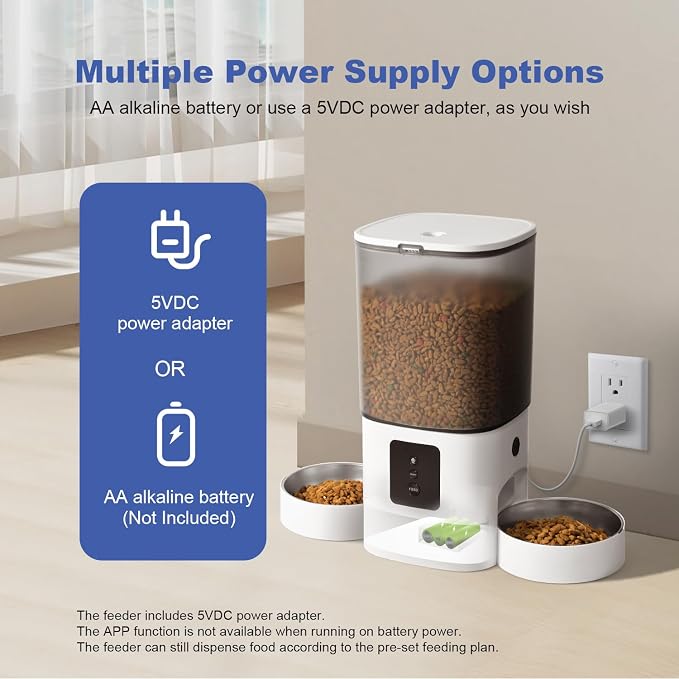 2.4G/5G Automatic Cat Feeder, 6L WiFi Cat Food Dispenser with 10s Voice Recorder, Double Bowl Pet Feeder up to 10 Meals per Day, Timed Feeder with Dry Food Sealed Ring (White)