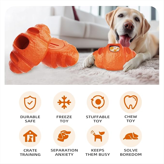 Croissant Dog Chew Toy for Aggressive Chewers, Freezable Treat Dispenser, Food-Grade Nylon Coffee Wood Fiber, Anxiety Relief & Dental Care for Medium Large Dogs