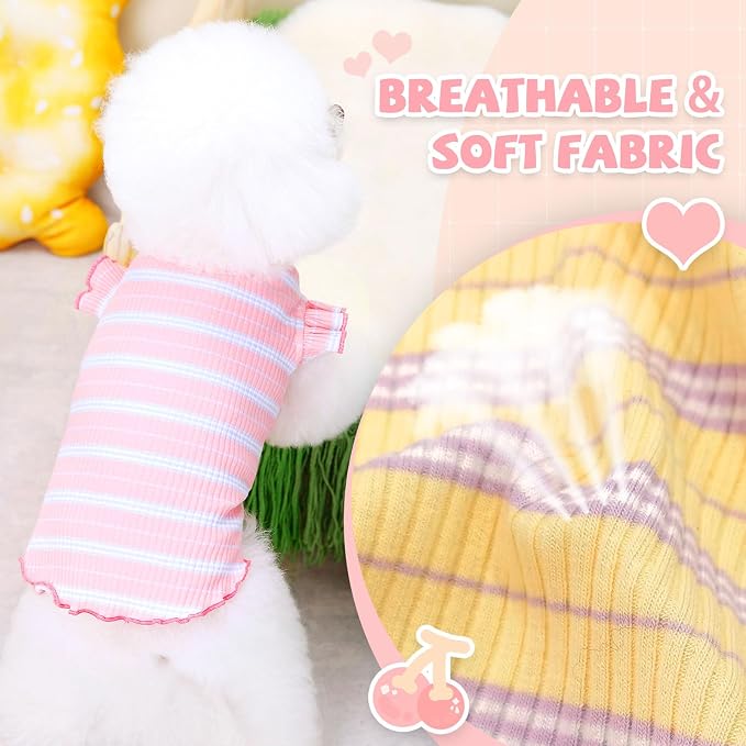2 Pack Striped Sleeveless Dog Shirt, Cute Cherry Girl Dog Clothes Soft Cotton Pet Puppy Vest Outfits for Small Dogs Chihuahua Yorkie Spring Summer（Pink+Yellow,Small）