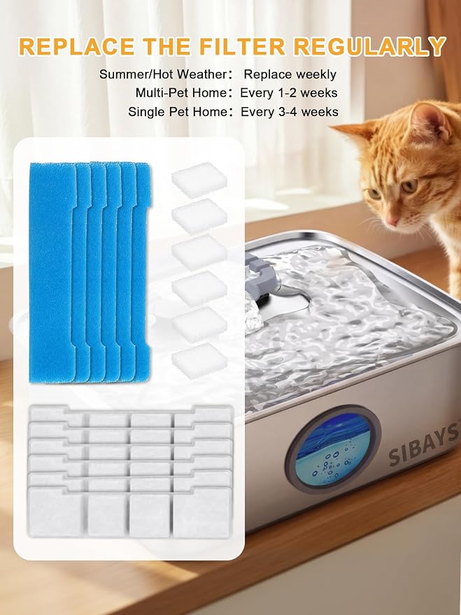 SIBAYS Dog Water Fountain Filter Replacement for 4Gal/15L Stainless Steel Pet Fountains, Made of Activated Carbon and PP Cotton, 6 Pet Water Fountain Filter, 6 Pre-Filter Sponge with 6 Pump Sponge L05
