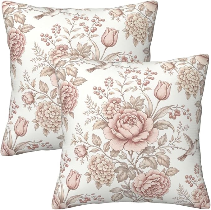 Vintage Pink Floral Throw Pillow Covers 18x18 Inches Set of 2 Chinoiserie Farmhouse Decor Cushion Cases