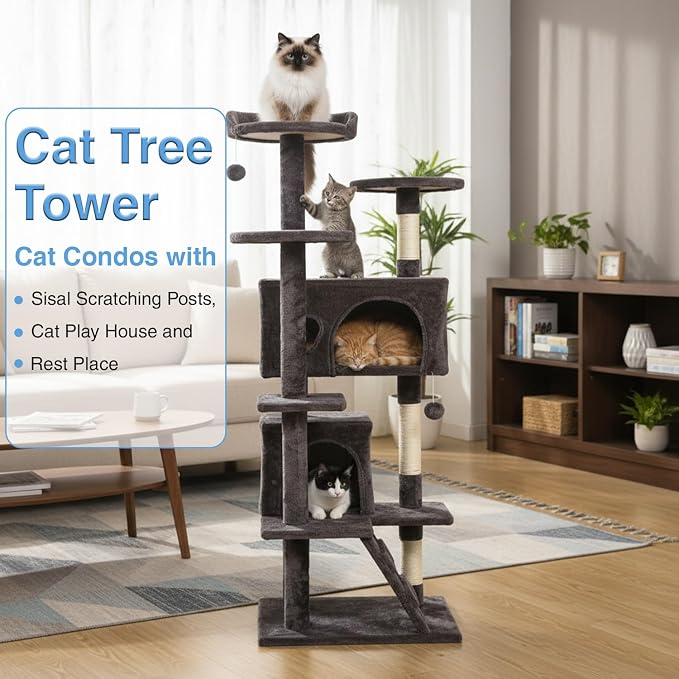 FDW | 54" Cat Tree Tower | Purple Gray | Multi-Level Indoor Activity Center with Sisal Scratching Posts, Condos, Plush Perches, Hanging Cat Toys | Sturdy, Easy to Assemble | for Kittens & Adult Cats