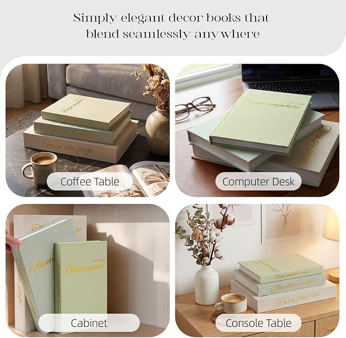 Decorative Book Storage Box Set of 3, Linen Faux Books for Coffee Table, Stylish Decorative Books for Bookshelf, Photo Organization, Keepsake Storage, Home Decor, Grass Green