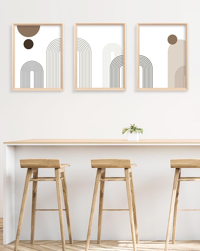 HesenDot Boho Neutral Framed Wall Art, Abstract Line Canvas Prints | 12x16IN Set of 3, High Framed Wood Design Prints, Mid Century Minimalist Wall Decor for Living Room Bedroom Bathroom Office