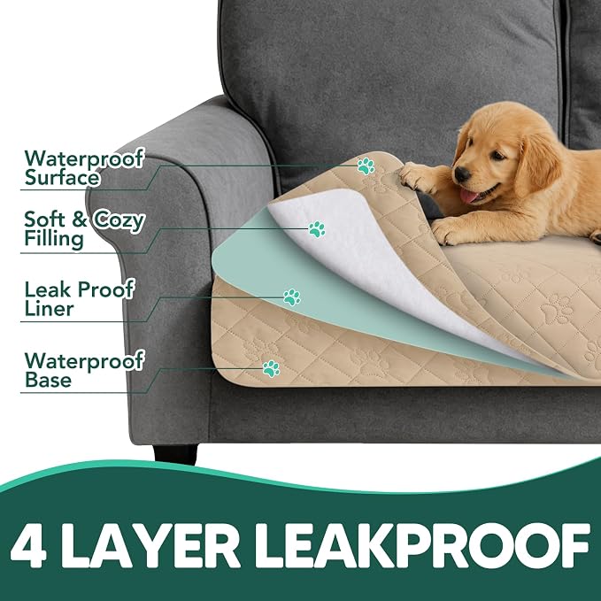 PAWFINITY Waterproof Couch Covers for Dogs, Pet Blanket for Sofa Washable | Paw Print Quilted, Hair Resistant, Anti Cat Scratch, Pee Proof Furniture Protector for 3 Seat Sofa and Bed, 30x80 Inch, Beige