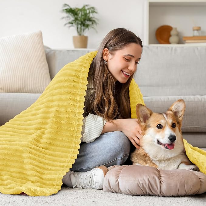 BEDELITE 3D Ribbed Light Yellow Fleece Twin Blanket for Bed, 60x80 Inch | Soft Warm Decorative Fluffy Blanket, Cozy Plush Lightweight Fuzzy Throw Blanket for Couch Sofa Room Decor, Gift for Women