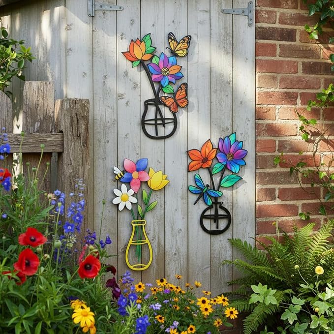 VEWOSTAR 3 Pcs 3D Metal Flowers Wall Art,Outdoor Fence Wall Art Decor | Minimalist Decor for Living Room Bathroom Bedroom Dining Room, Housewarming Gifts Christmas Decoration