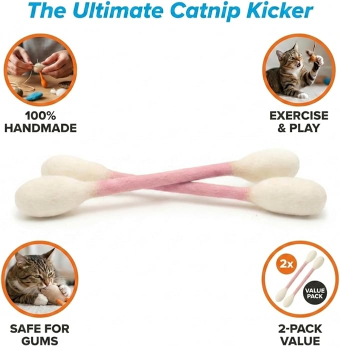 Glaciart One XXL Swabs Cat Toys with Catnip - 2 Pk | Durable for Chew, Cute Cat Toys Interactive Kitty for Boredom, Exercise, & Play | Filled w/Organic Catnip for Anxiety & as Digestive Aid