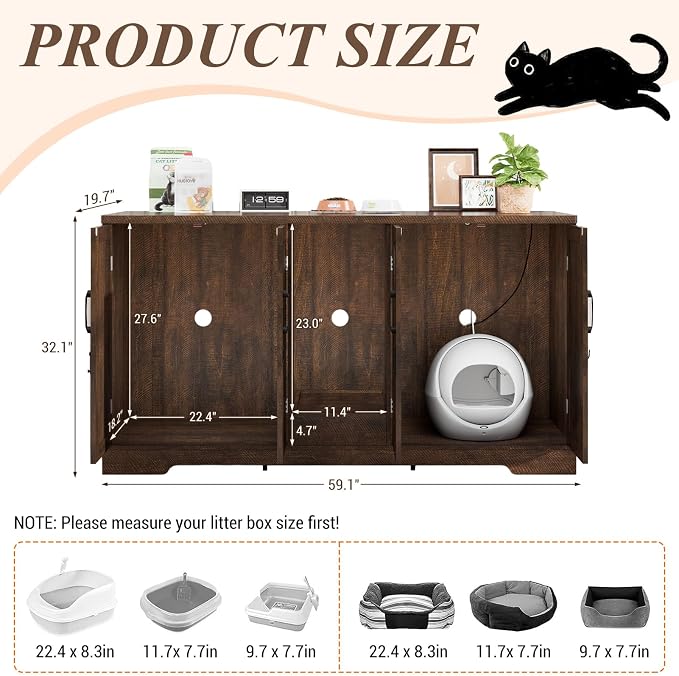 59.1" Cat Litter Box Enclosure for 2 Cats, Hidden Litter Box Furniture with Dog-Proof Lockable Door and Built-in Power Outlet, Litter Collector, Vent Openings, Anti-Tip Kit and Magnetic Door, Brown