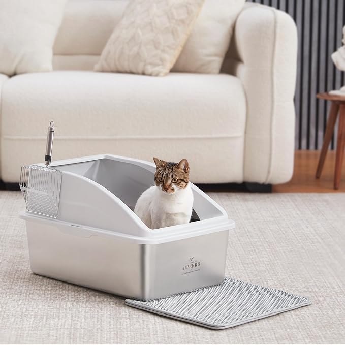 AIPERRO Stainless Steel Litter Box | XXL Deepened 8" Design Metal Cat Box | High Sided with Lid for Big Cats | Anti-Urine Leakage | Non-Stick Bottom & Easy to Clean | Includes Litter Mat & Metal Scoop