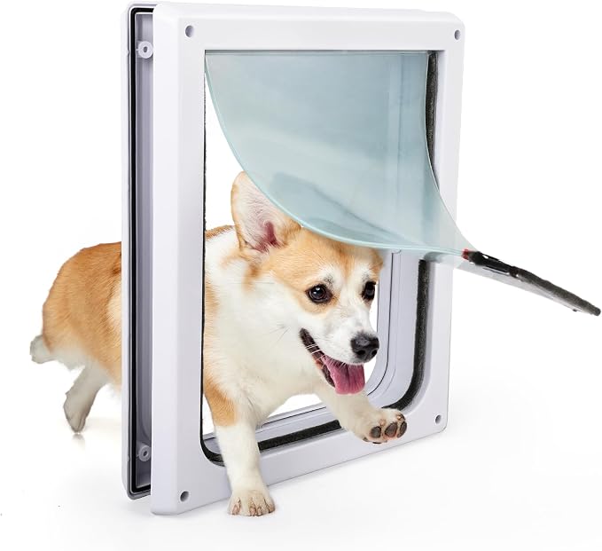 PAWISE 2 Way Dog Door, Lockable Dog Flap with Durable Metal Panel & Flexible Transparent Flap, Weatherproof & Easy Install Pet Door for Dogs, Quiet and Energy-Efficient Design Doggy Door (11.8"x12.2")