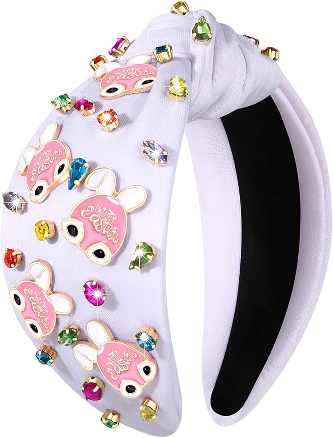 mokkia Easter Headbands Beaded Rabbit Bunny Headband for Women Pink Spring Knotted Headband Easter Hair Accessories Gifts