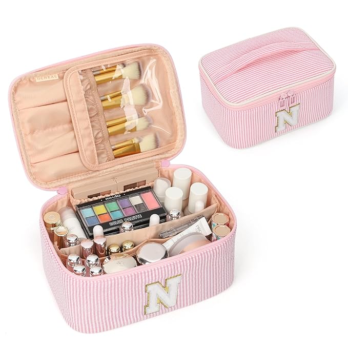 OCHEAL Makeup Bag Valentines Day Gifts for Women, Monogram Cosmetic Bag Pink Travel Makeup Case Beauty Toiletry Bag Organizer Personalized Gifts for Girls Bridesmaid, Sister, Wife, Friends Initiall N
