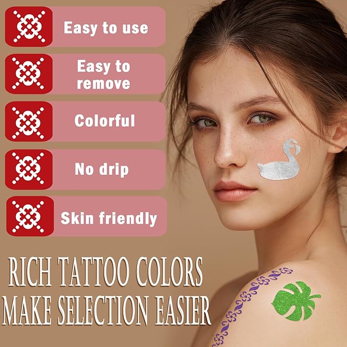 Temporary Tattoo Markers for Kids and Adults, 12 Metallic Markers and 150 Tattoo Stencil Designs, Cosmetic Tattoos Pens for Party Favor Gift and Face Painting