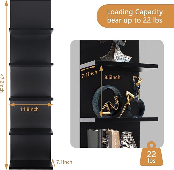 5 Tier Wall Shelf, Wall Mounted Shelves Unit for Living Room Bedroom, Floating Shelves Decor Organizer Tall, Black