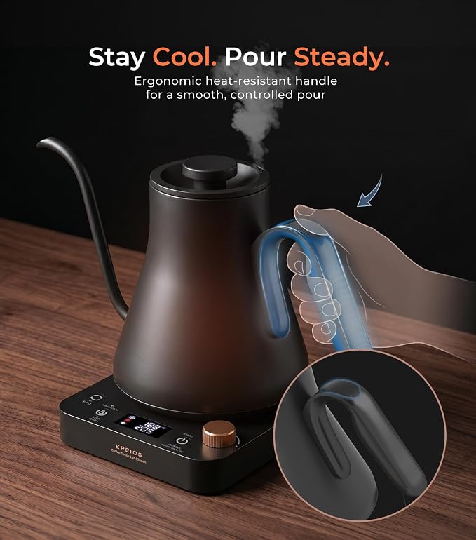 Epeios Electric Kettle, Gooseneck Electric Kettle with ±1°F Temperature Control, 1200W Rapid Heating for Pour Over Coffee & Tea, 304 Stainless Steel Interior, Auto Shut-Off, 0.9L, Black