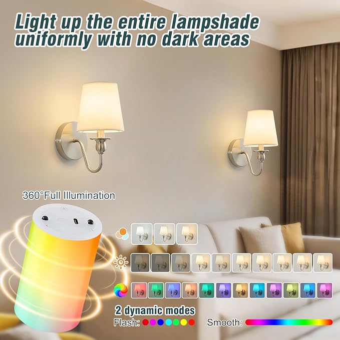 Battery Operated Wall Sconces set of Two,Rechargeable Wall Sconce with 1000mAh Dimmable Bulb and Remote,LED 15 Colors Wireless Battery Powered Wall Sconce with Fabric for Bedroom Living Room (Nickel)