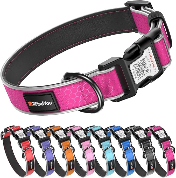 Personalized Dog Collar with QR Code Dog Tag, Oxford Rose Red L | Anti-lost, Oxford, reflective, padded, XS-L(8"-24"), QR buckle shares lost pet profile, location alerts when scanned, No Fees