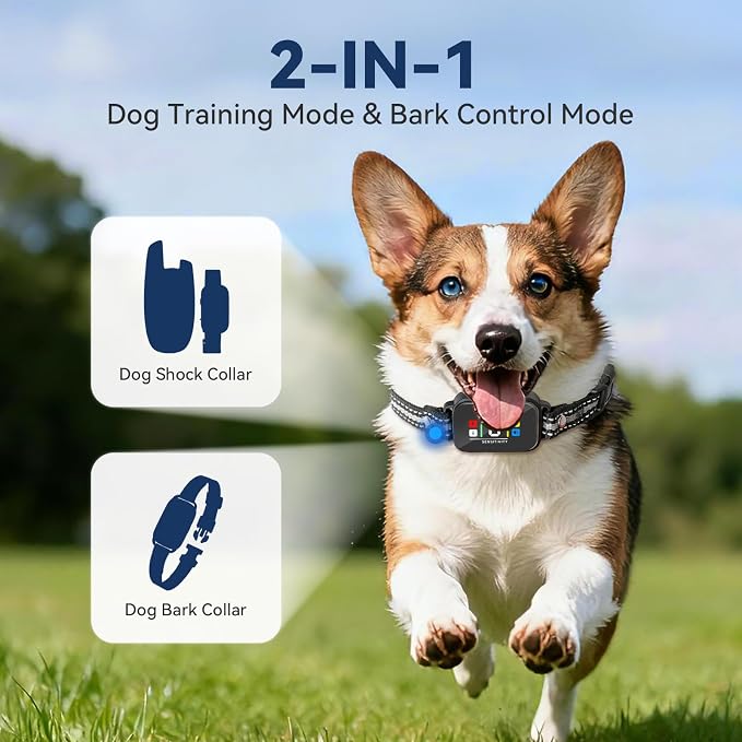 CanineJoy 2-in-1 Dog Shock Collar and Dog Bark Collar - 3400FT Smart Anti Barking Dog Training Collar with Remote, IP67 Waterproof E-Collar with Beep/Vibration(1-8)/Shock(1-8) and Automatic Modes