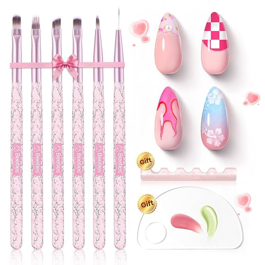 Beetles Gel Polish Nail Art Brushes Set - 6 Pcs Fingernail Art Design Pen, Floral Pattern Handle, Gradient Bristles Nail Brush Set DIY with Palette Dotting Manicure Tool Kit