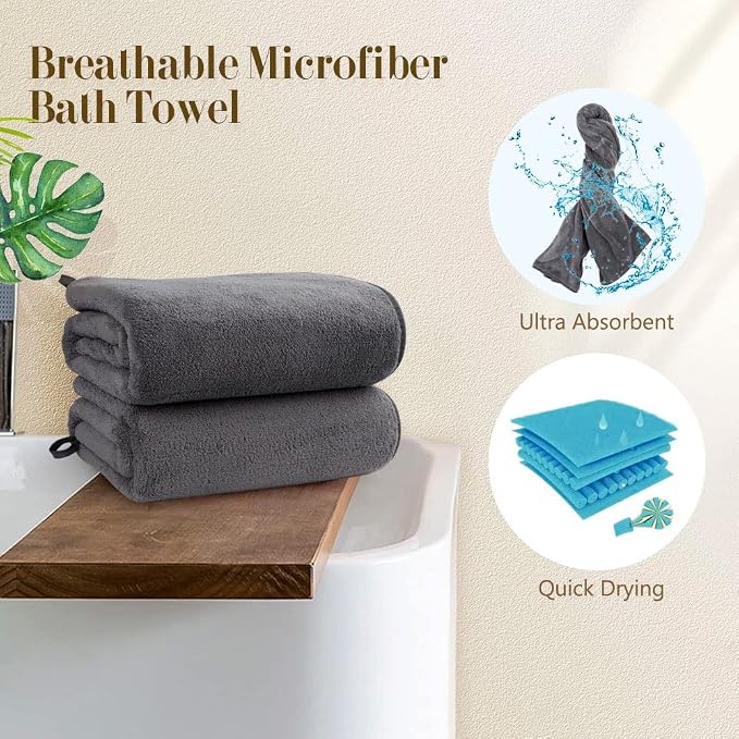 Orighty Bath Towels Pack of 4(27’’ x 54’’) - Soft Feel Bath Towel Sets, Highly Absorbent Microfiber Towels for Body, Quick Drying, Microfiber Towel for Sport, Yoga, SPA, Fitness - Grey
