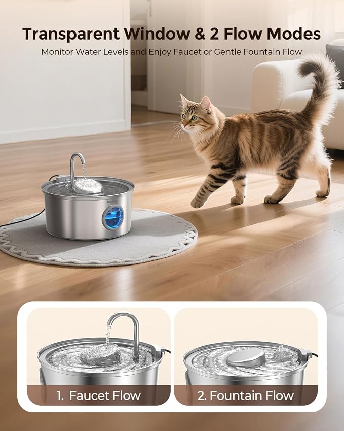 Invengo Cat Water Fountain Stainless Steel, 108oz/3.2L Pet Fountain with Large Water Level Window, Ultra Quiet Automatic Cat Water Dispenser for Cats and Dogs, 2 Flow Modes, Splash-Proof Design