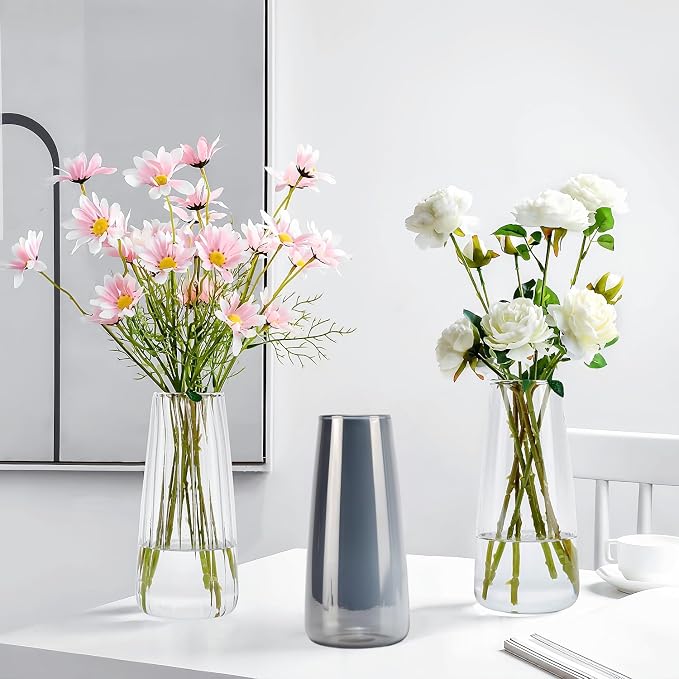 Clear Glass Vase for Flowers, Ribbed Flower Vase for Home Decor, 8.3in H | Modern Glass Vases Centerpieces for Living Room,Bedroom,Dining Room,Bathroom,Office,Wedding, Housewarming Valentine Gifts