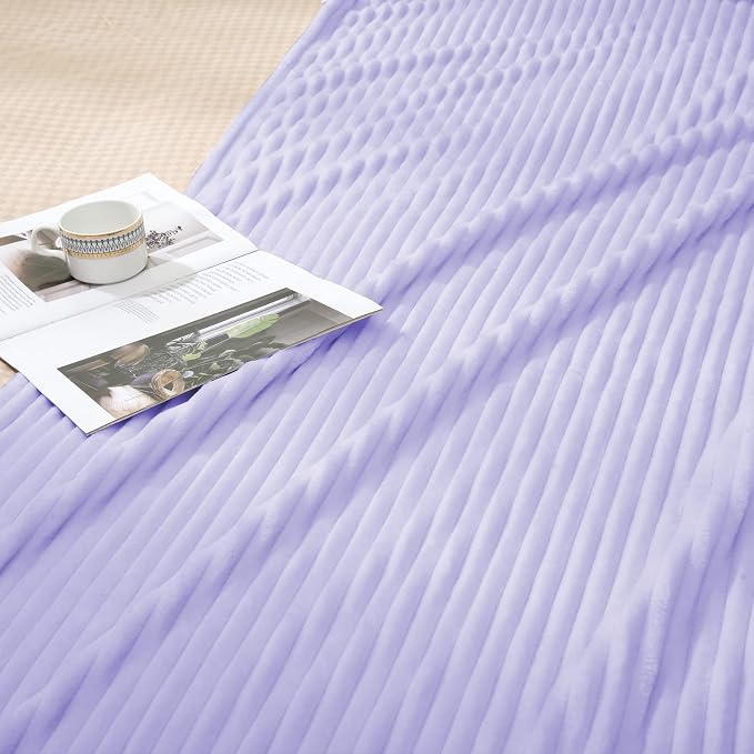 Vessia Flannel Fleece Throw Blanket for Couch,Sofa,Bed, 300GSM Striped Light Purple Blanket for Adults, Super Soft Warm Cozy Lightweight Ribbed Lilac Throw for All-Season(Lavender,50x70inch)