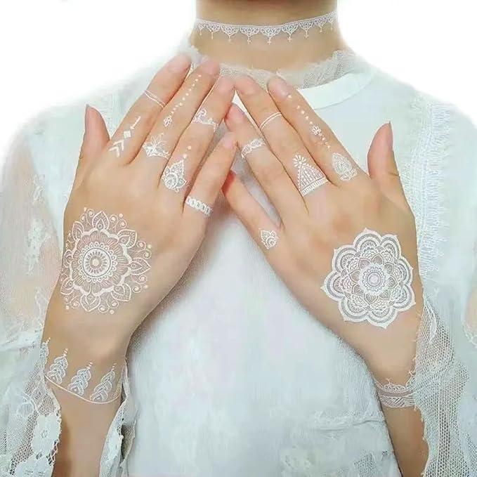 6 Sheets Henna Tattoos Temporary Stickers White Flower Geometric Waterproof Henna Tattoos for Women Indian Diwali Supplies Wedding Party Festivals Decoration