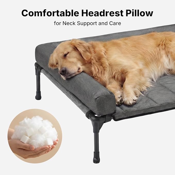 Veehoo Outdoor Elevated Dog Bed with Waterproof Bolster Cushion, Cooling | Raised Dog Bed with Removable & Washable Mat Topper, Breathable Mesh, Dog Couch Cot for Indoor Outdoor, 53", Large, Melange