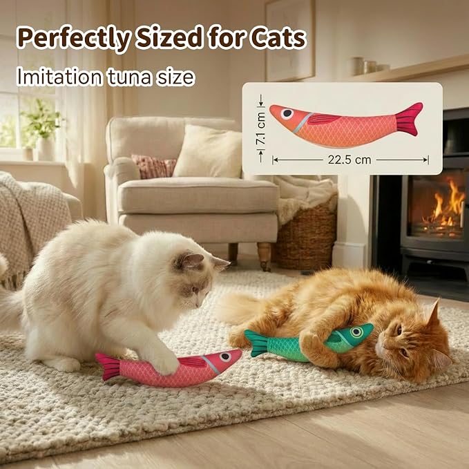 Cat Toys for Indoor Cats, Fish-Shaped Pillow, 2 Pack Red+Green