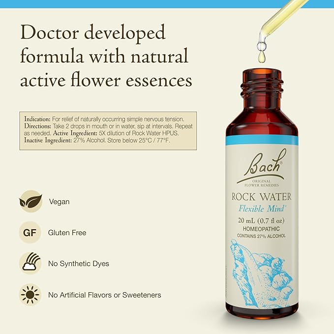 Bach Original Flower Remedies, Rock Water - Flexible Mind - Natural Homeopathic Flower Essence for Emotional Balance - Vegan, Gluten Free, Sugar Free - 20mL Dropper